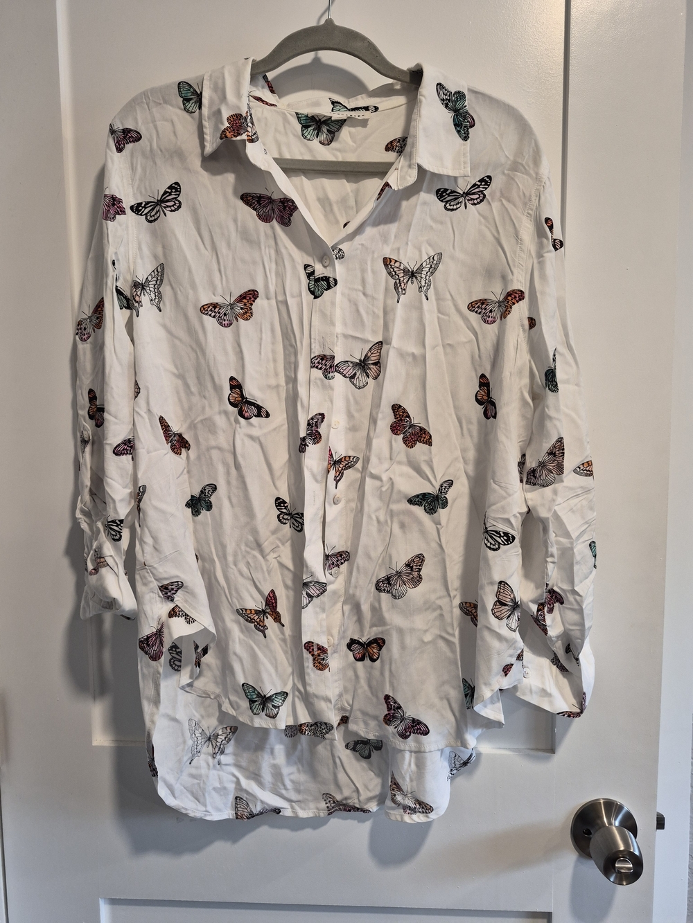 White Butterfly Print Button-Up Blouse